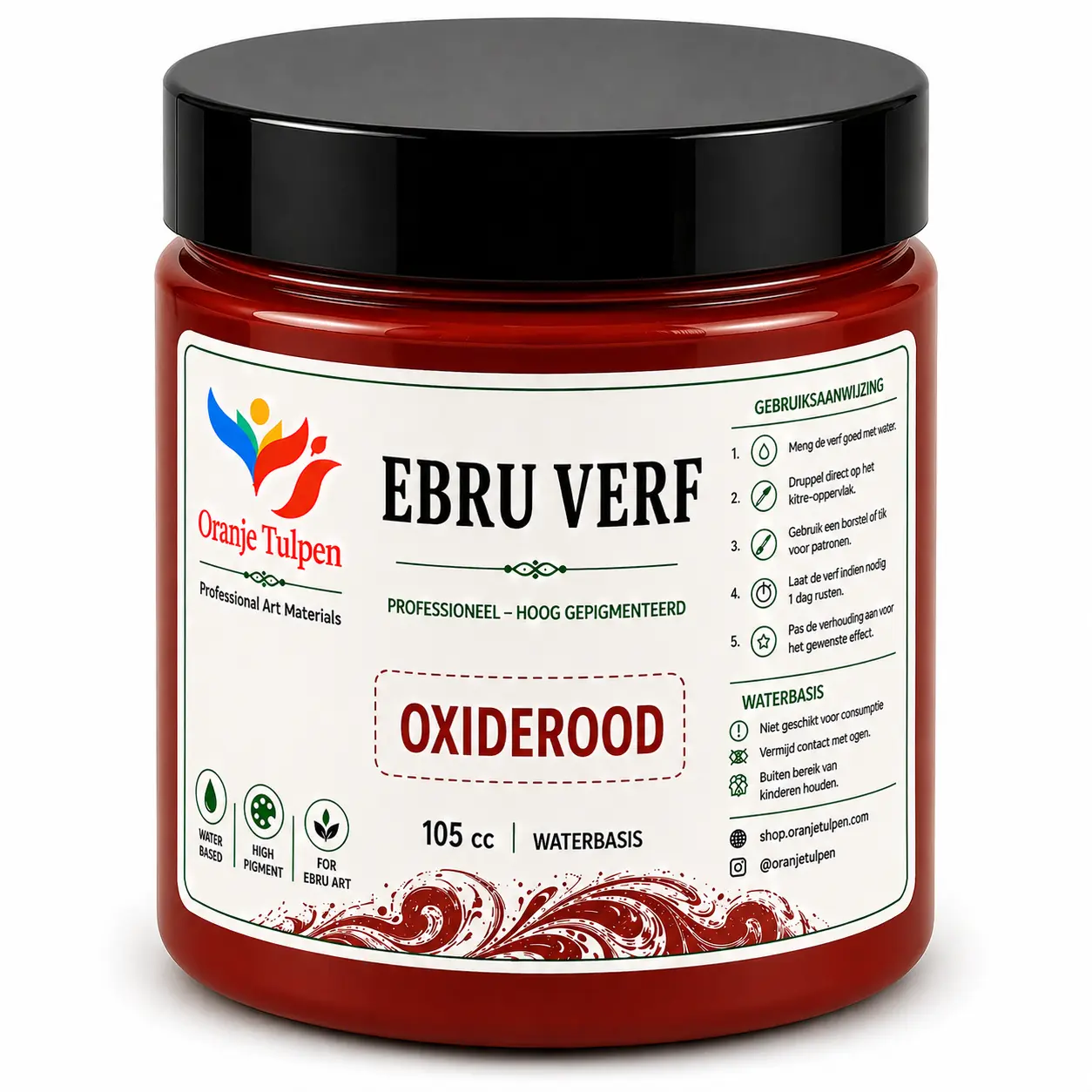 Professionele ebru verf oxiderood 105cc Oranjetulpen waterbasis voor marmerkunst