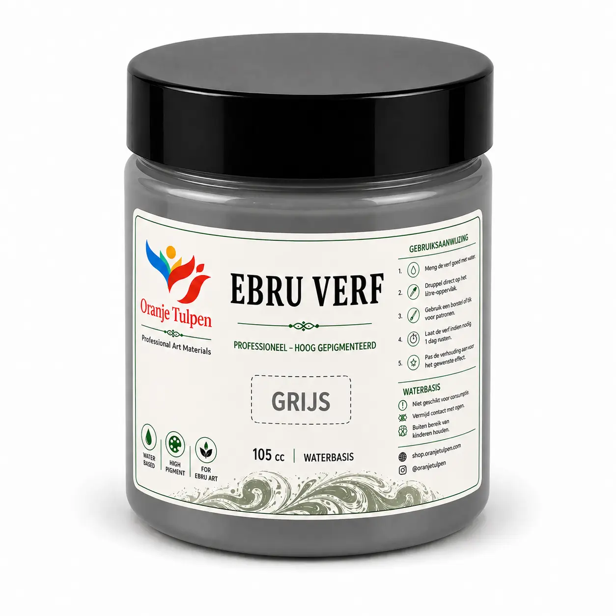 Professionele ebru verf grijs 105cc Oranjetulpen waterbasis voor marmerkunst